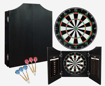DW Original Black Cabinet Kit - Includes Cabinet, Dartboard, Chalk Scoreboard, Outchart, 2 brass dart sets, 3 sets of shafts, and 6 sets of flights.