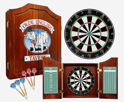 DW Original Bulldog Cabinet Kit - Includes Cabinet, Dartboard, Chalk Scoreboard, Outchart, 2 brass dart sets, 3 sets of shafts, and 6 sets of flights.