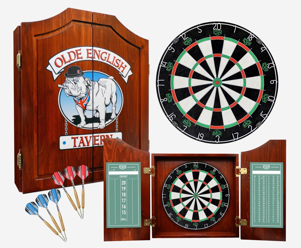 DW Original Bulldog Cabinet Kit - Includes Cabinet, Dartboard, Chalk Scoreboard, Outchart, 2 brass dart sets, 3 sets of shafts, and 6 sets of flights.