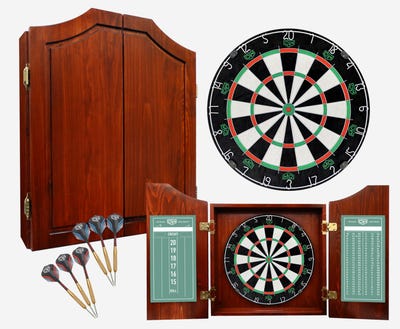 DW Original Mahogany Cabinet Kit - Includes Cabinet, Dartboard, Chalk Scoreboard, Outchart, 2 brass dart sets, 3 sets of shafts, and 6 sets of flights.