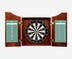 DW Original Mahogany Cabinet Kit - Open view of the Cabinet with Original Dartboard, Chalk Scoreboard, and Outchart.