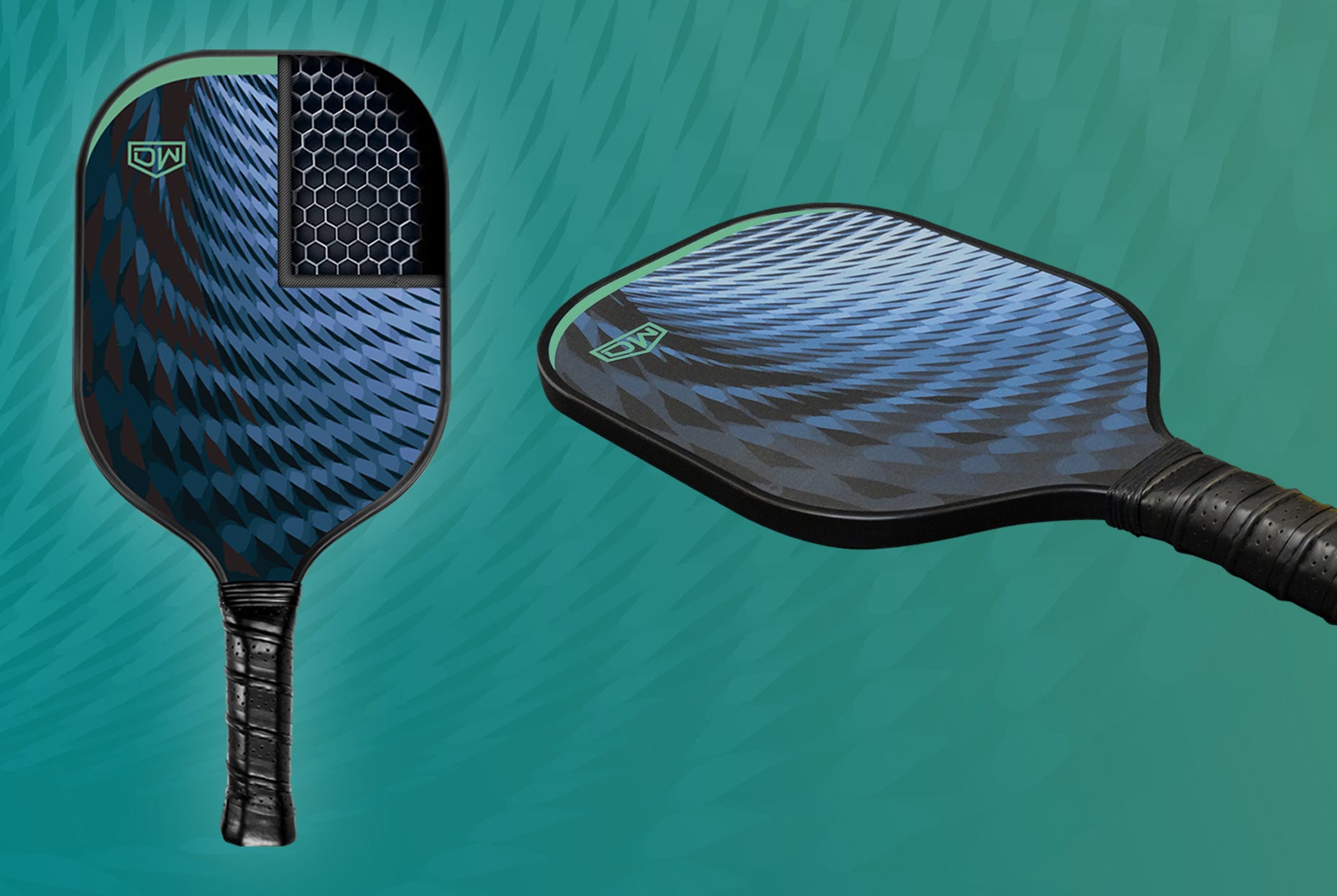 Two angles of the DW Original Tornado Pickleball Paddle with one showcasing the honeycomb design.